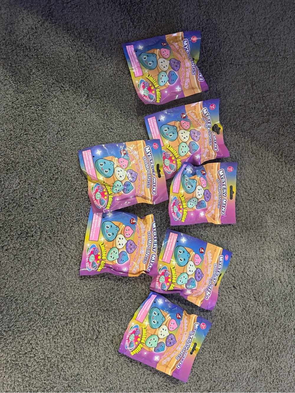 Mystery Mini Squishies Surprise Pack - Purple & Multicolor 7 bags.